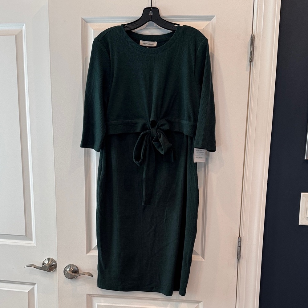 Maternity Dark Green Midi Dress with Tie-Waist